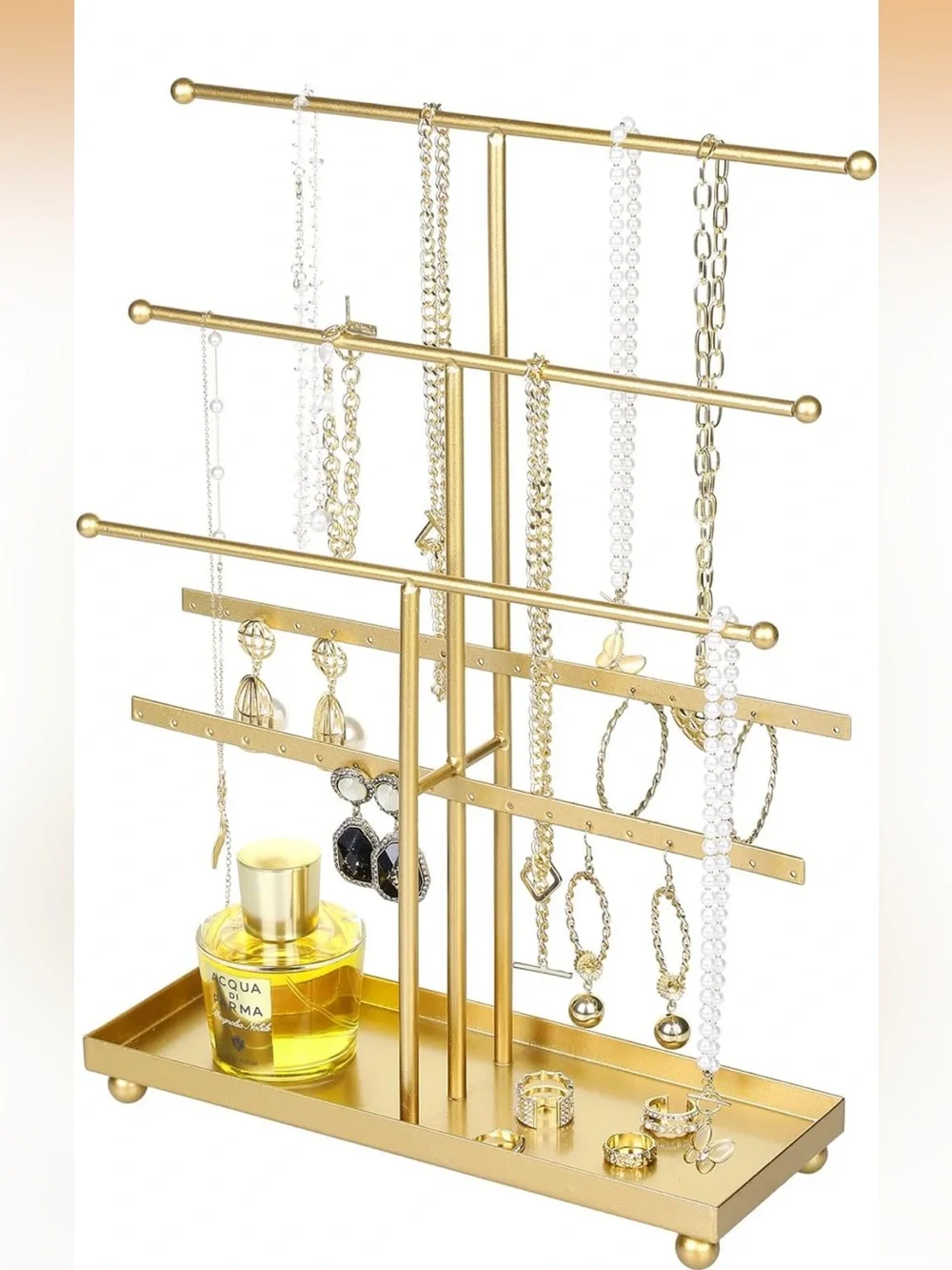 MyGift 5-Tier Gold Metal Jewelry Organizer Stand with Earring Hooks & Ring Tray